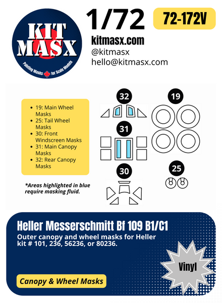 Heller Messerschmitt Bf 109 B1/C1 1/72 Canopy & Wheel Paint Masks, Kit # 80236