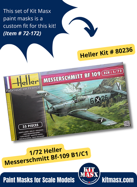 Heller Messerschmitt Bf 109 B1/C1 1/72 Canopy & Wheel Paint Masks, Kit # 80236