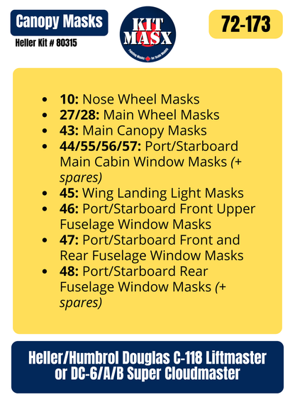 Heller Humbrol Douglas C-118 Liftmaster or DC-6/A/B Super Cloudmaster 1/72 Canopy & Wheel Paint Masks, Kit # 80315