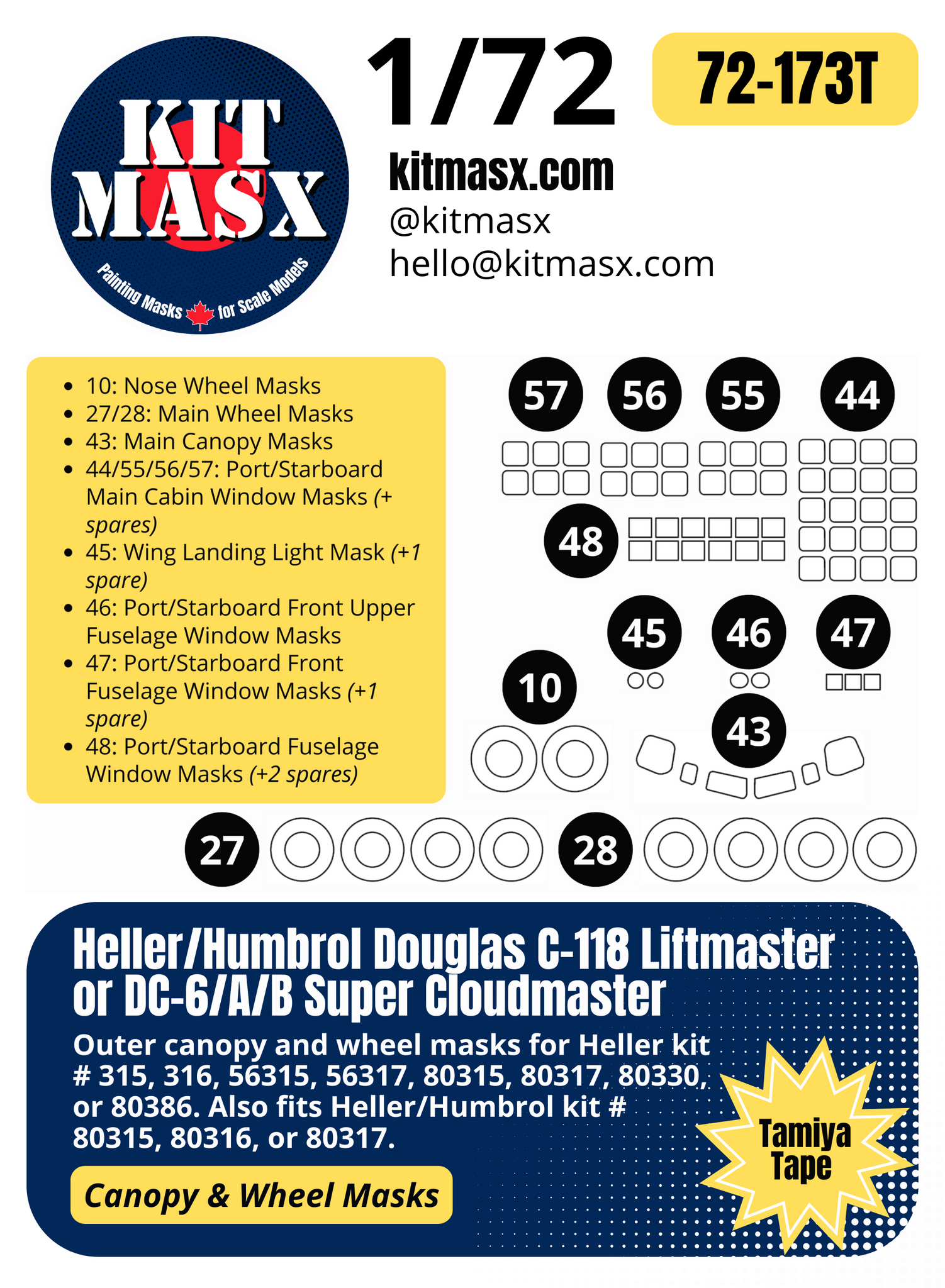 Heller Humbrol Douglas C-118 Liftmaster/DC-6/A/B Super Cloudmaster 1/72 Canopy & Wheel Paint Masks, Kit # 80315