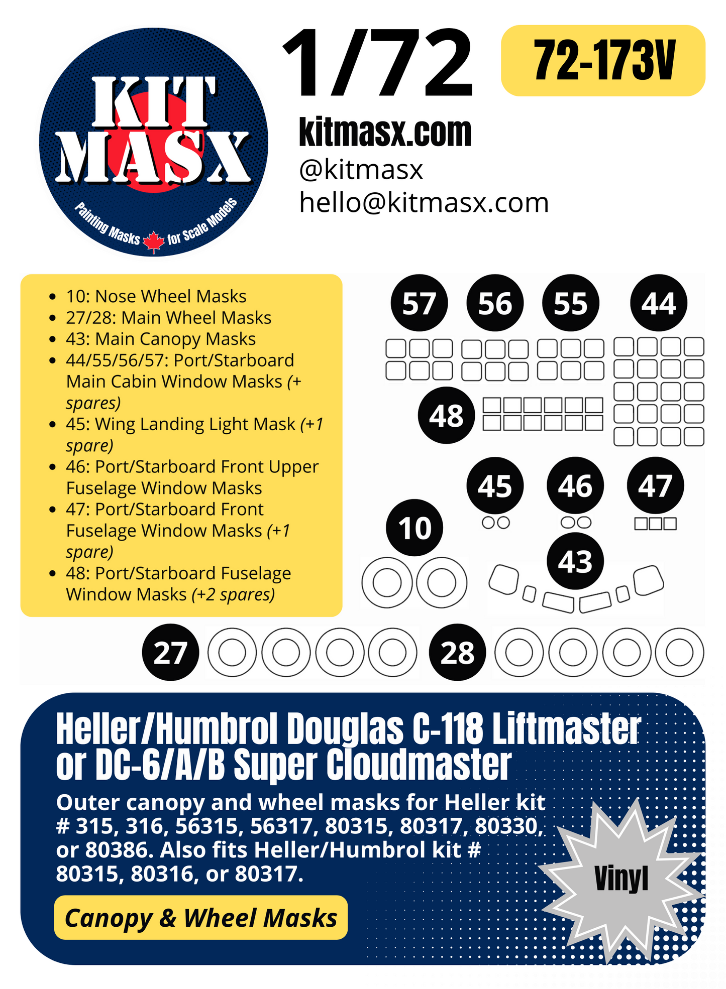 Heller Humbrol Douglas C-118 Liftmaster/DC-6/A/B Super Cloudmaster 1/72 Canopy & Wheel Paint Masks, Kit # 80315
