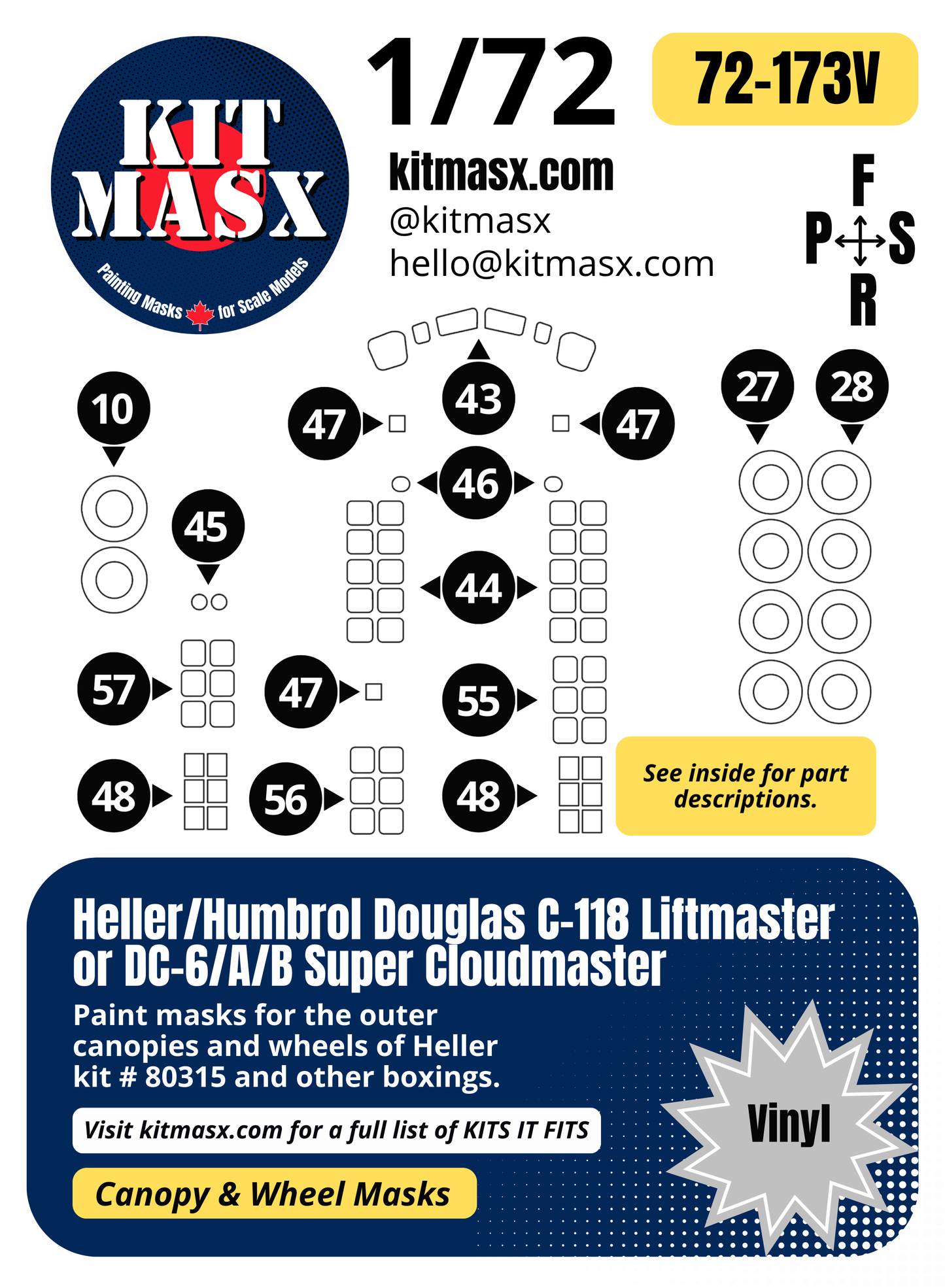 Heller Humbrol Douglas C-118 Liftmaster or DC-6/A/B Super Cloudmaster 1/72 Canopy & Wheel Paint Masks, Kit # 80315