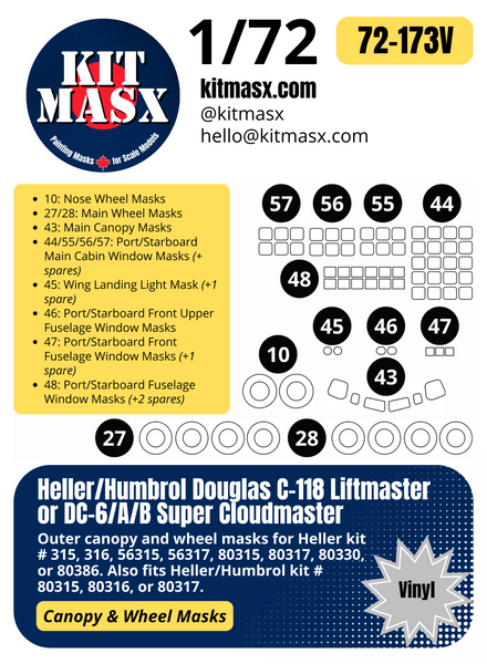 Heller Humbrol Douglas C-118 Liftmaster/DC-6/A/B Super Cloudmaster 1/72 Canopy & Wheel Paint Masks, Kit # 80315