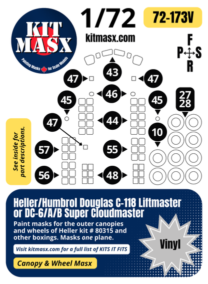 Heller Humbrol Douglas C-118 Liftmaster or DC-6/A/B Super Cloudmaster 1/72 Canopy & Wheel Paint Masks, Kit # 80315 (72173)