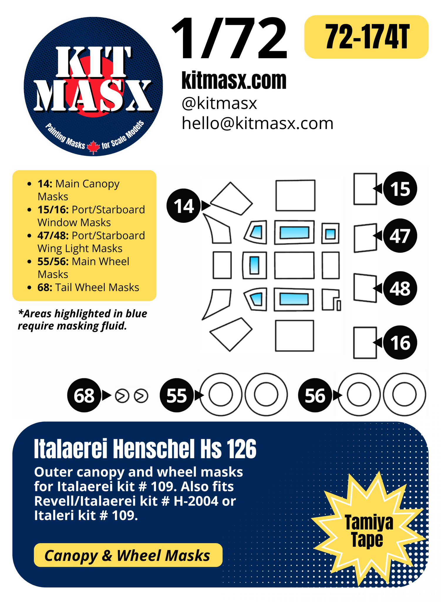 Italaerei Henschel Hs 126 1/72 Canopy & Wheel Paint Masks, Kit # 109