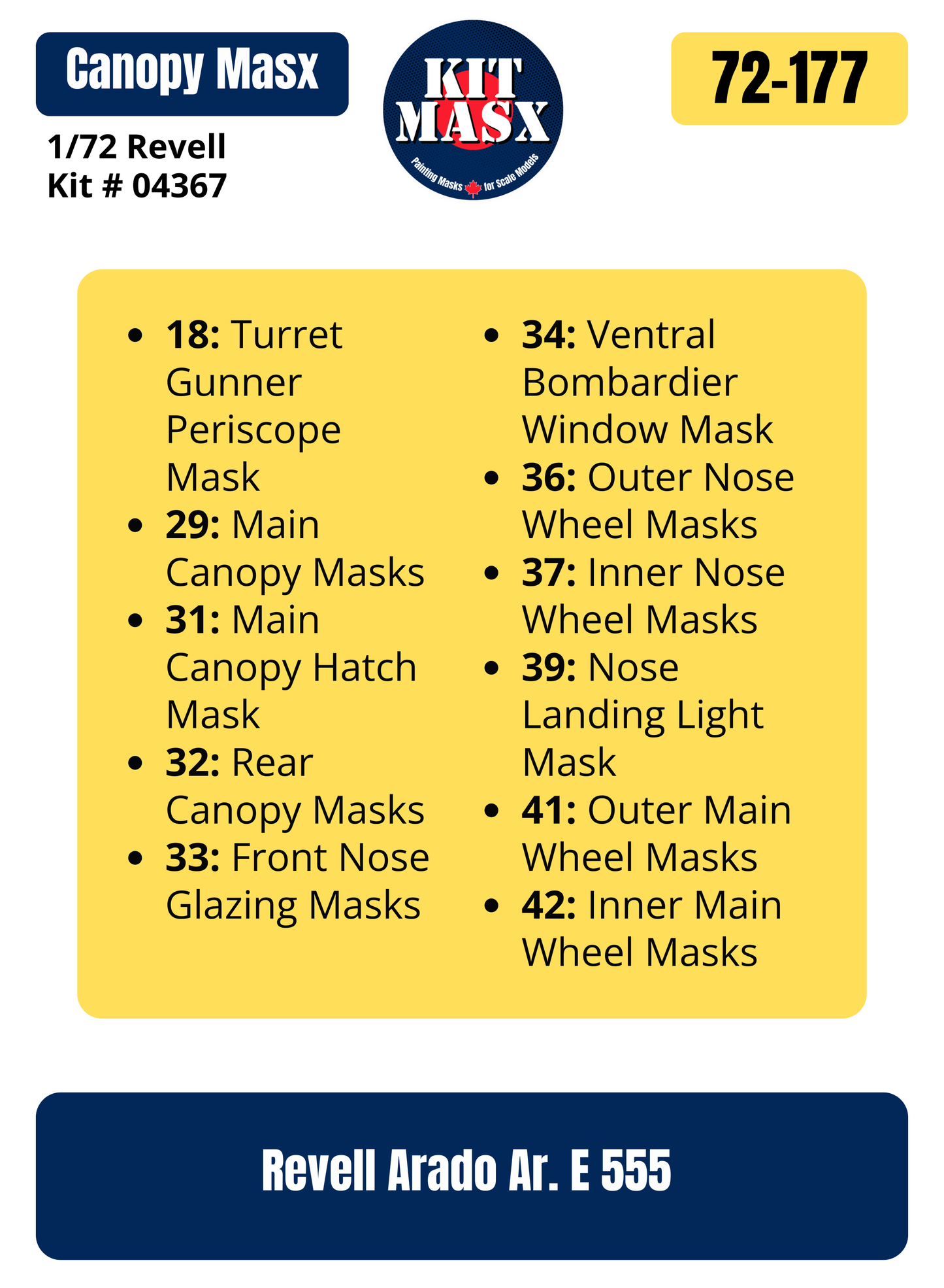 Revell Arado Ar. E 555 1/72 Canopy & Wheel Paint Masks, Kit # 04367