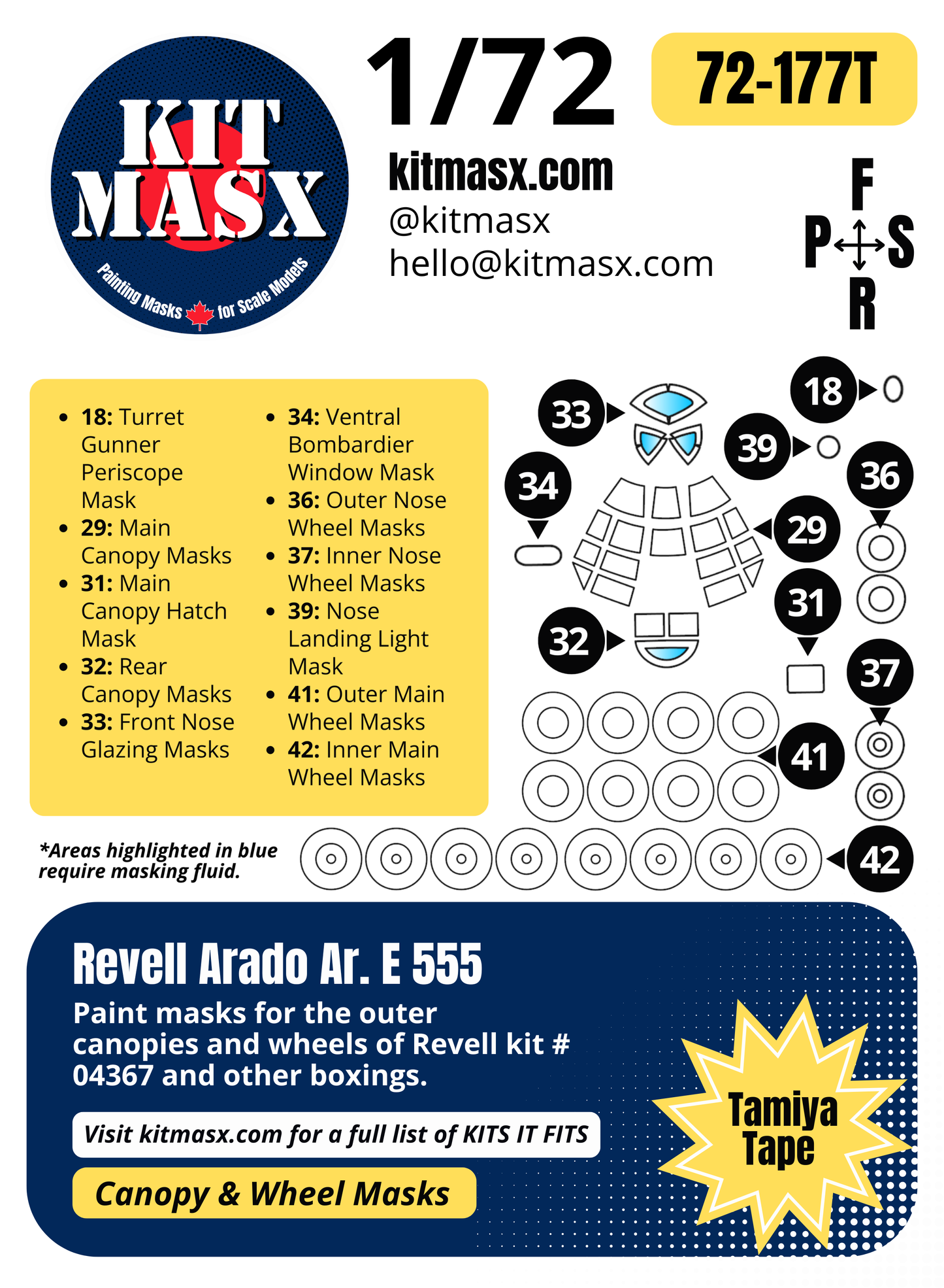 Revell Arado Ar. E 555 1/72 Canopy & Wheel Paint Masks, Kit # 04367