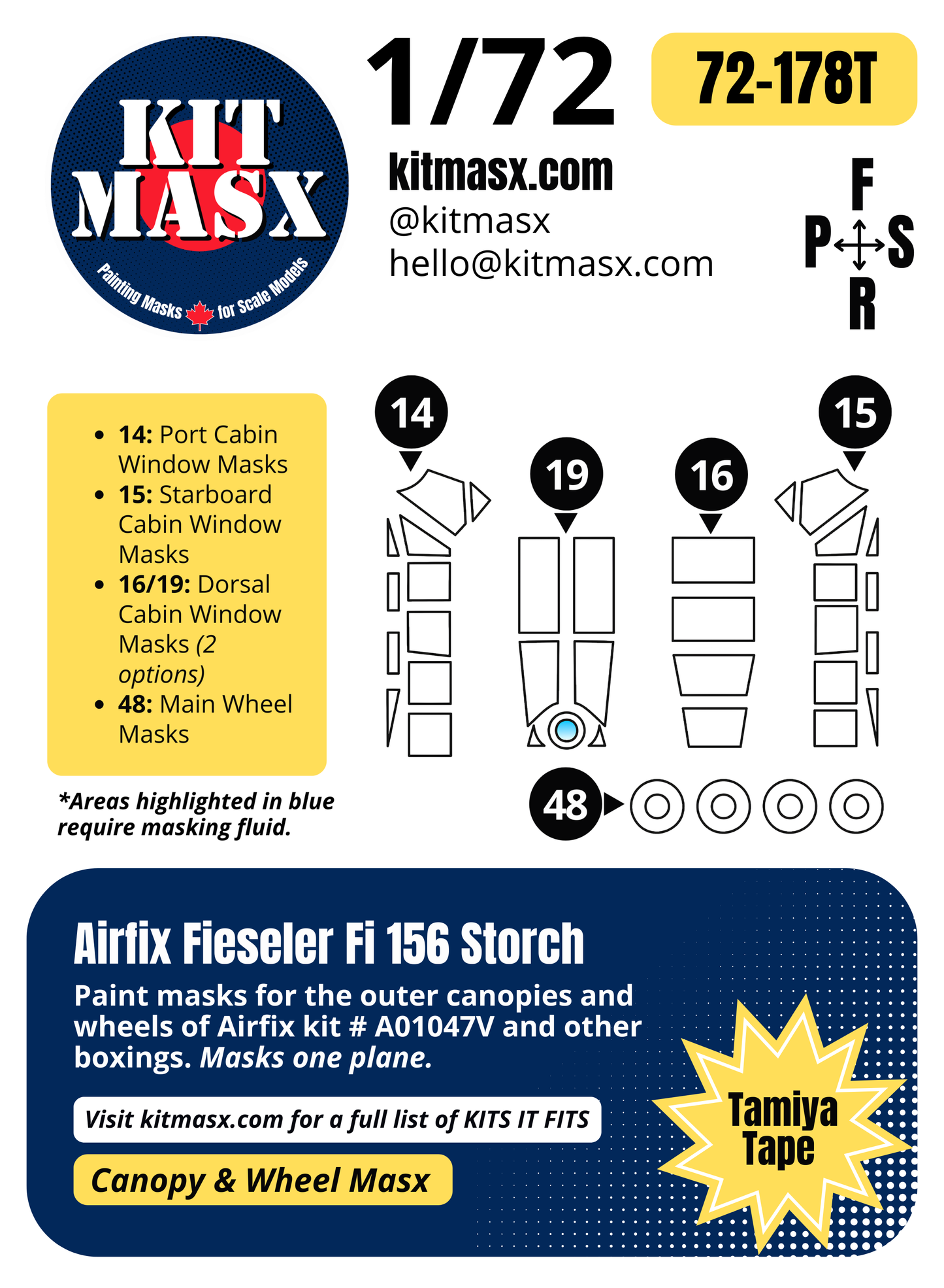 Airfix Fieseler Fi 156 Storch 1/72 Canopy & Wheel Paint Masks, Kit # A01047V