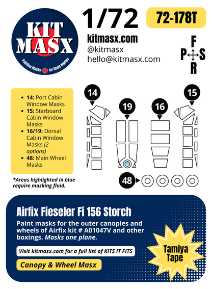 Airfix Fieseler Fi 156 Storch 1/72 Canopy & Wheel Paint Masks, Kit # A01047V