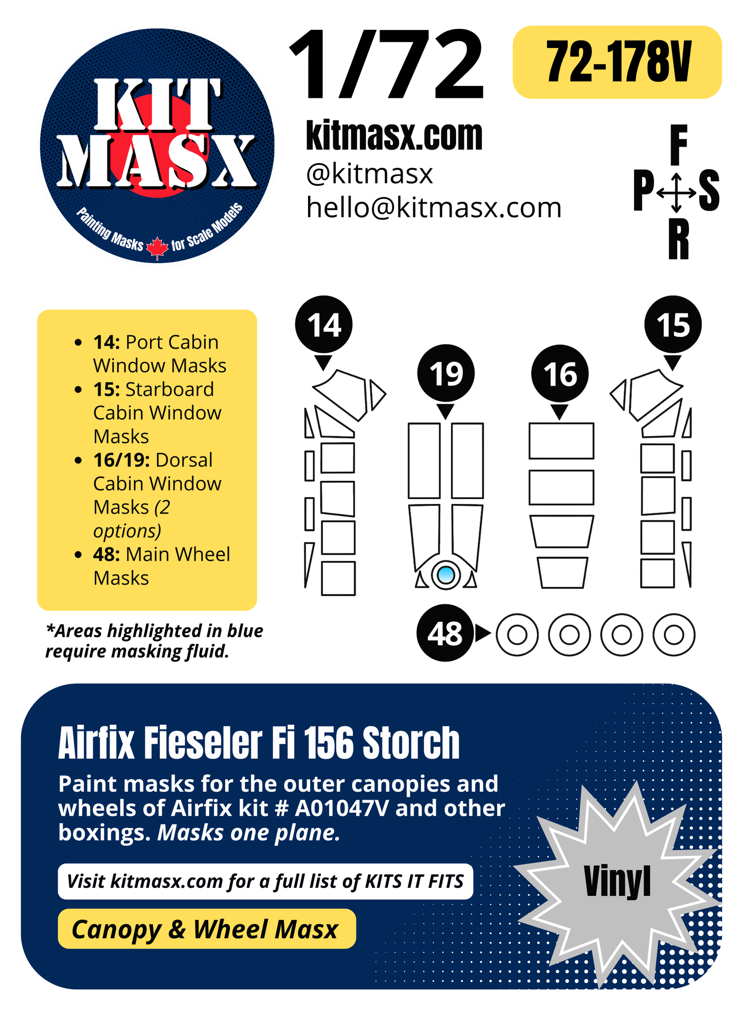 Airfix Fieseler Fi 156 Storch 1/72 Canopy & Wheel Paint Masks, Kit # A01047V