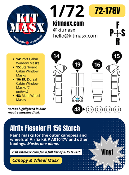 Airfix Fieseler Fi 156 Storch 1/72 Canopy & Wheel Paint Masks, Kit # A01047V