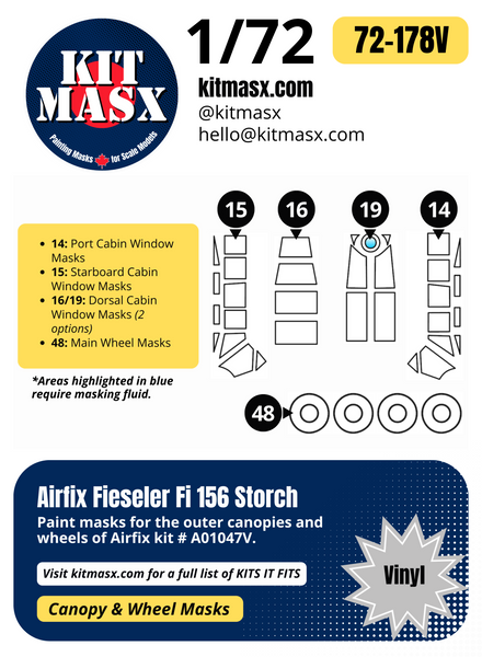 Airfix Fieseler Fi 156 Storch 1/72 Canopy & Wheel Paint Masks, Kit # A01047V