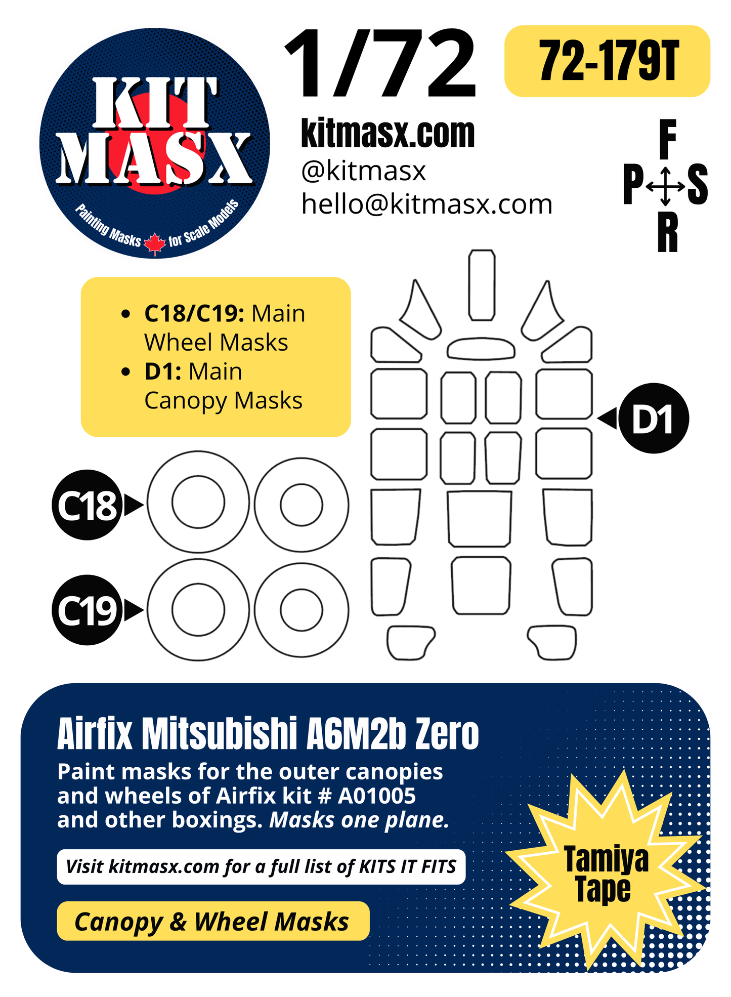 Airfix Mitsubishi A6M2b Zero 1/72 Canopy & Wheel Paint Masks, Kit # A01005