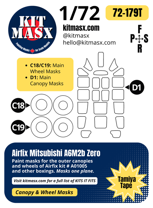 Airfix Mitsubishi A6M2b Zero 1/72 Canopy & Wheel Paint Masks, Kit # A01005