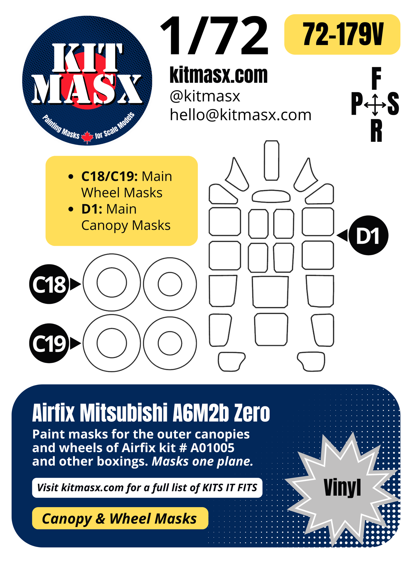 Airfix Mitsubishi A6M2b Zero 1/72 Canopy & Wheel Paint Masks, Kit # A01005