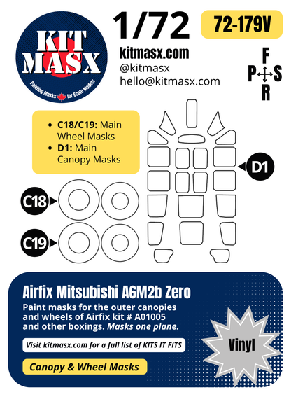 Airfix Mitsubishi A6M2b Zero 1/72 Canopy & Wheel Paint Masks, Kit # A01005