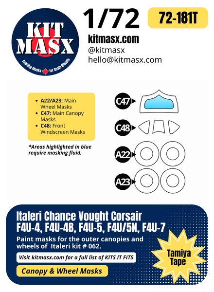 Italeri Chance Vought Corsair F4U-4, F4U-4B, F4U-5, F4U/5N, F4U-7 1/72 Canopy & Wheel Paint Masks, Kit # 062