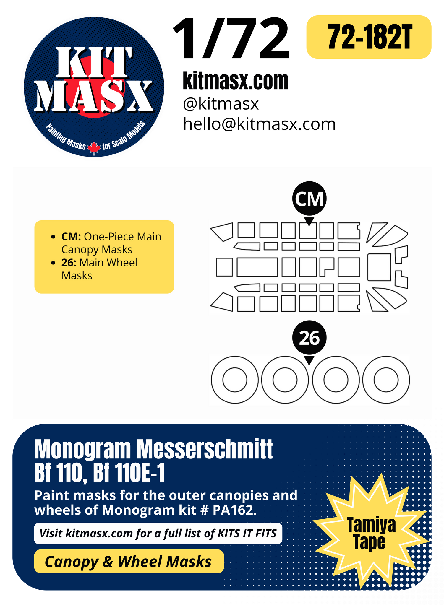 Monogram Messerschmitt Bf 110, Bf 110E-1 1/72 Canopy & Wheel Paint Masks, Kit # PA162