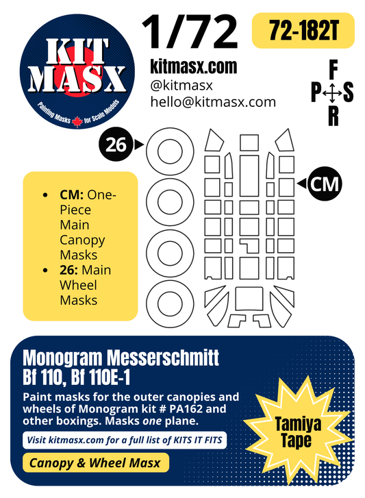 Monogram Messerschmitt Bf 110, Bf 110E-1 1/72 Canopy & Wheel Paint Masks, Kit # PA162 (72182)