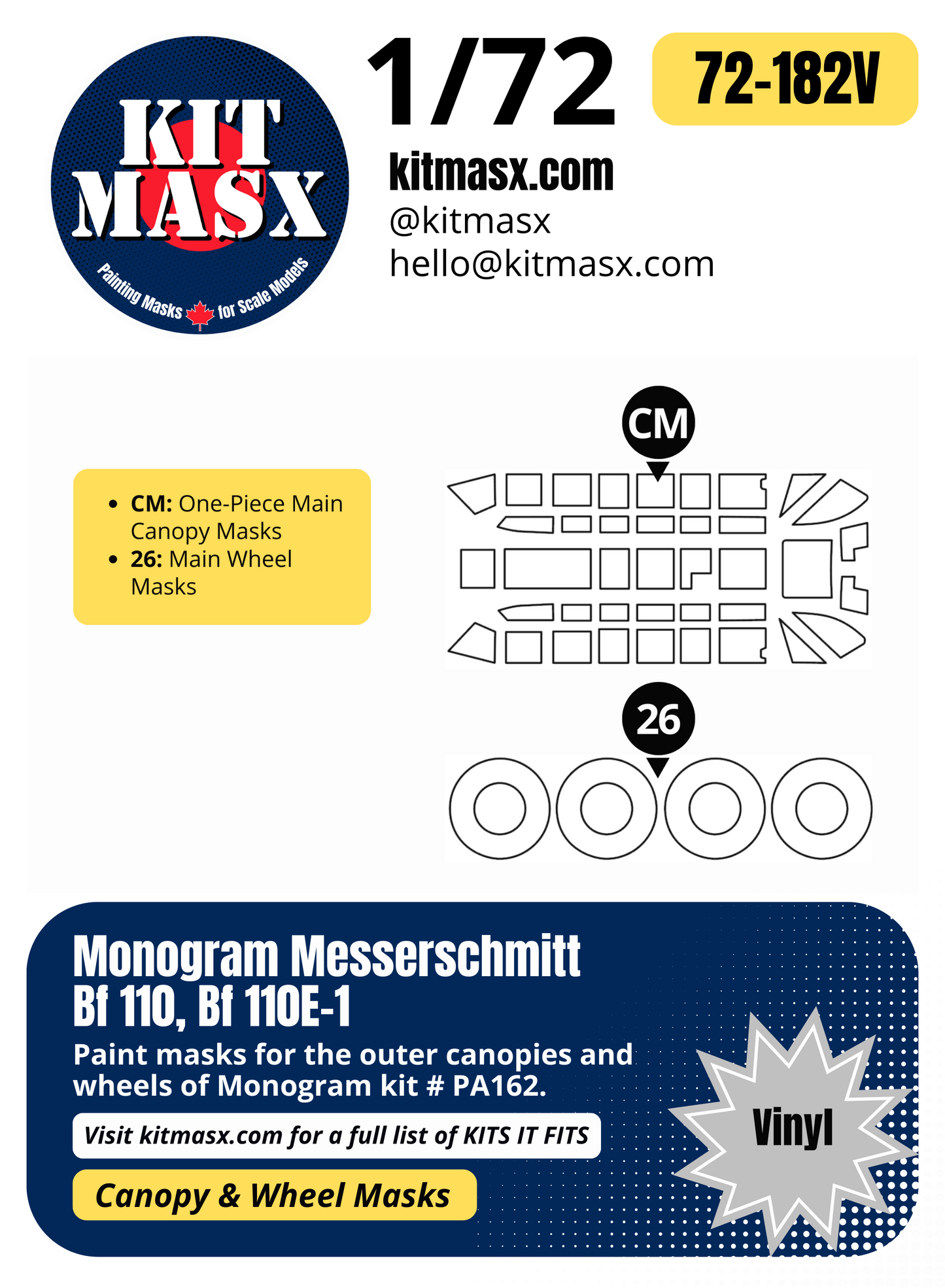 Monogram Messerschmitt Bf 110, Bf 110E-1 1/72 Canopy & Wheel Paint Masks, Kit # PA162