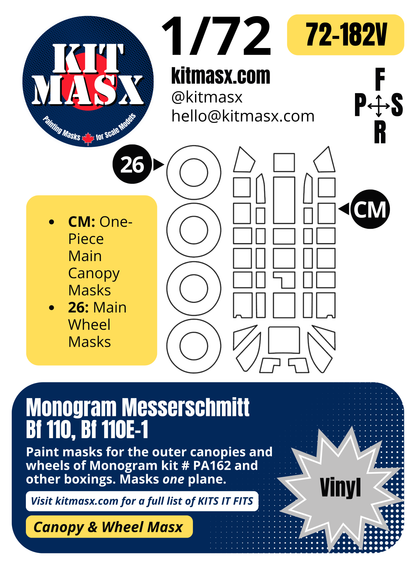 Monogram Messerschmitt Bf 110, Bf 110E-1 1/72 Canopy & Wheel Paint Masks, Kit # PA162 (72182)