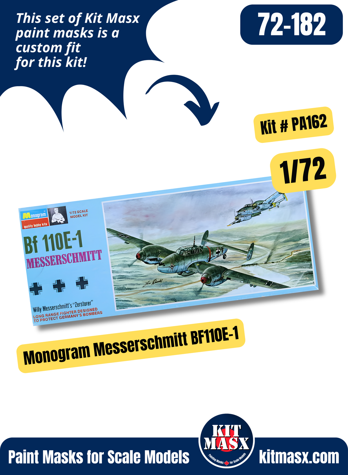 Monogram Messerschmitt Bf 110, Bf 110E-1 1/72 Canopy & Wheel Paint Masks, Kit # PA162 (72182)