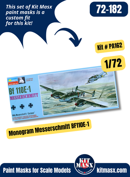 Monogram Messerschmitt Bf 110, Bf 110E-1 1/72 Canopy & Wheel Paint Masks, Kit # PA162 (72182)