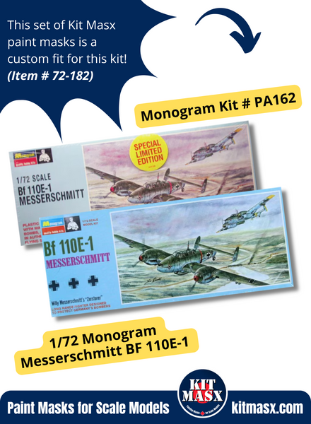 Monogram Messerschmitt Bf 110, Bf 110E-1 1/72 Canopy & Wheel Paint Masks, Kit # PA162