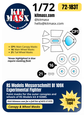 RS Models Messerschmitt Bf 109X Experimental Fighter 1/72 Canopy & Wheel Paint Masks, Kit # 92085