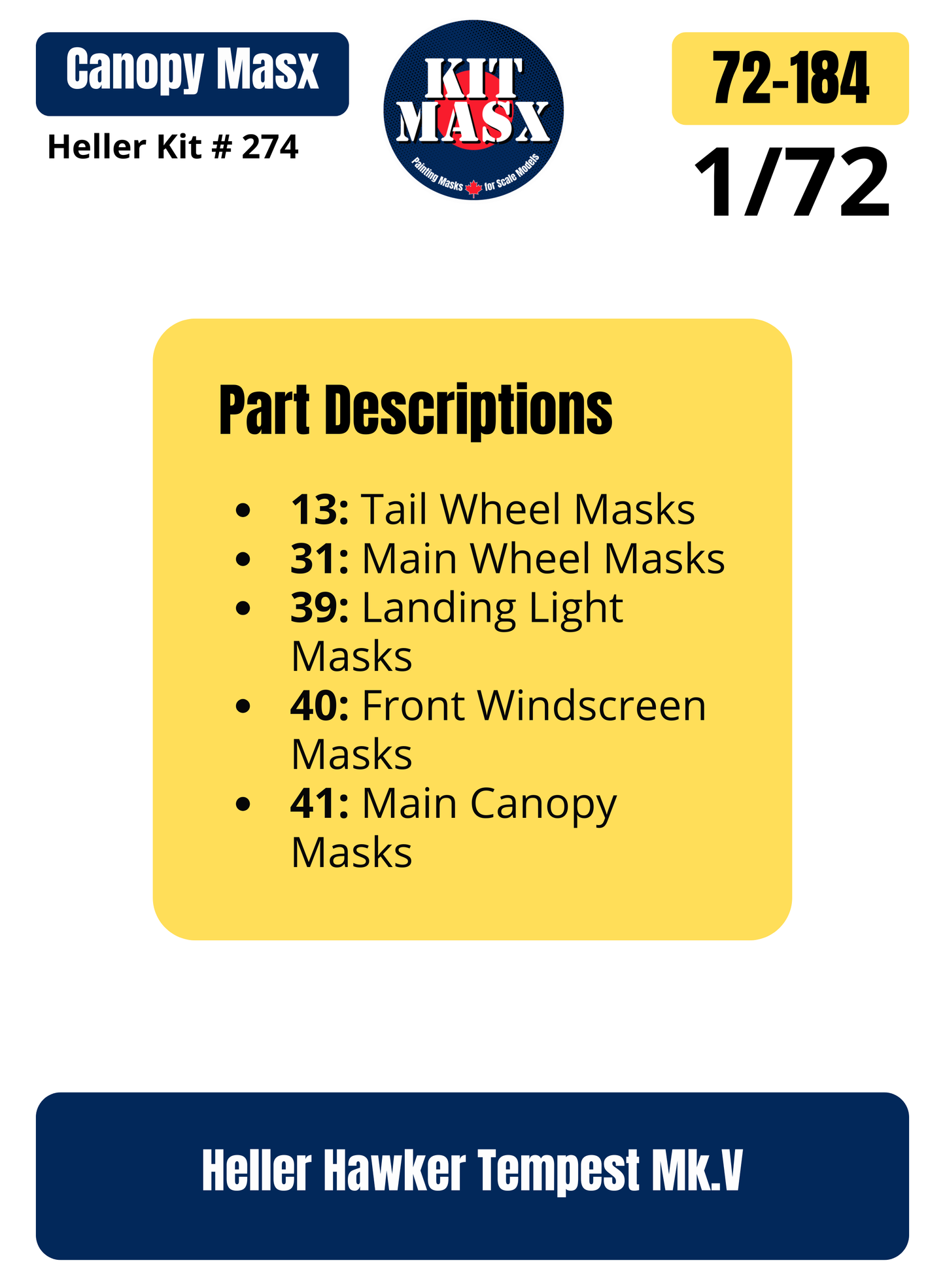 Heller Hawker Tempest Mk.V 1/72 Canopy & Wheel Paint Masks, Kit # 274 (72184)