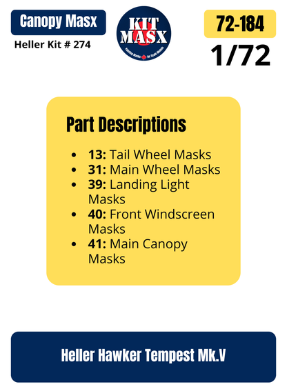 Heller Hawker Tempest Mk.V 1/72 Canopy & Wheel Paint Masks, Kit # 274 (72184)