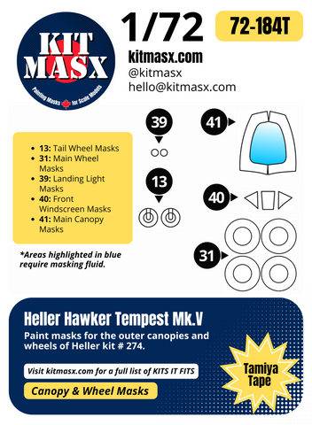 Heller Hawker Tempest Mk.V 1/72 Canopy & Wheel Paint Masks, Kit # 274