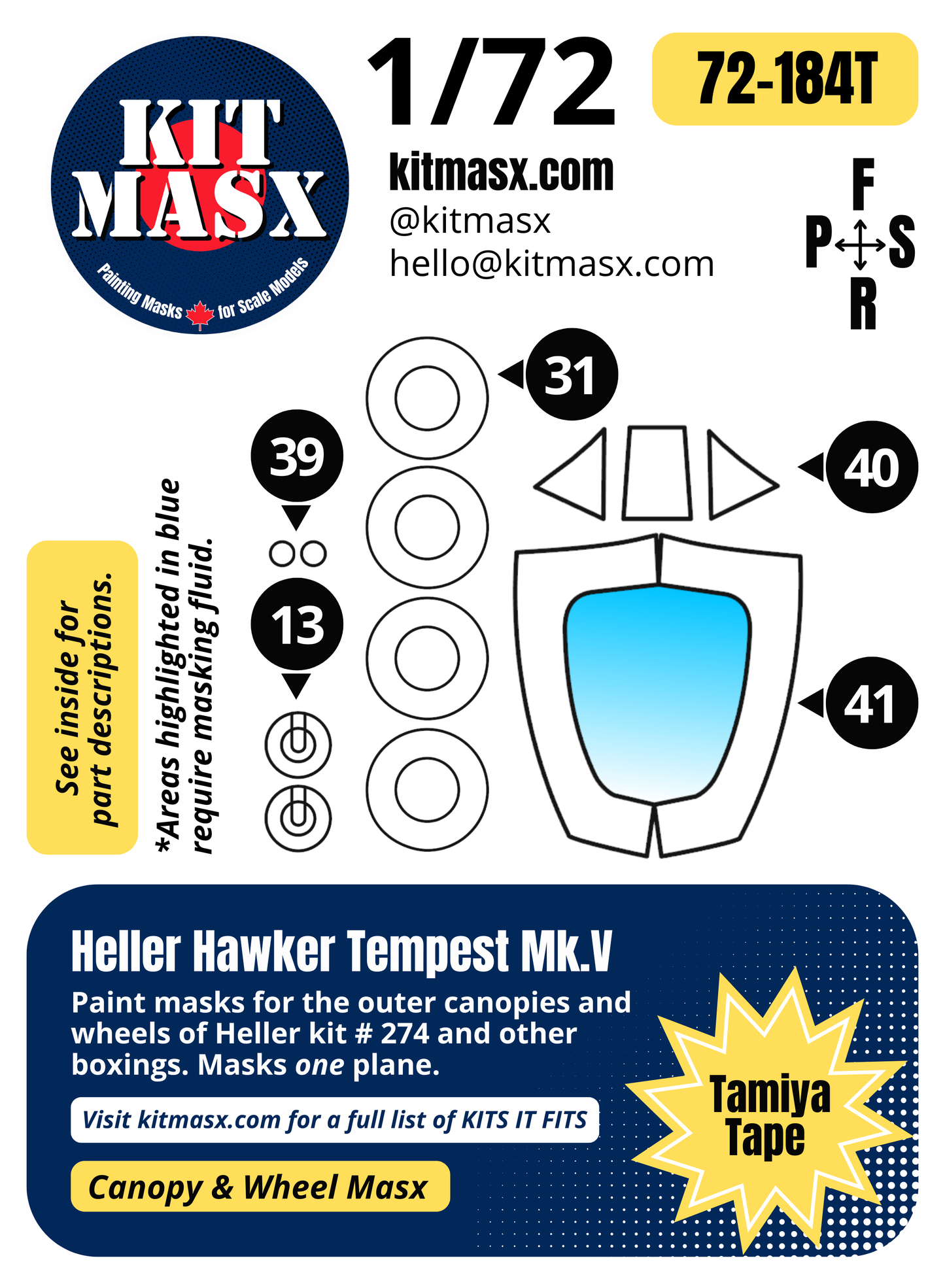 Heller Hawker Tempest Mk.V 1/72 Canopy & Wheel Paint Masks, Kit # 274 (72184)