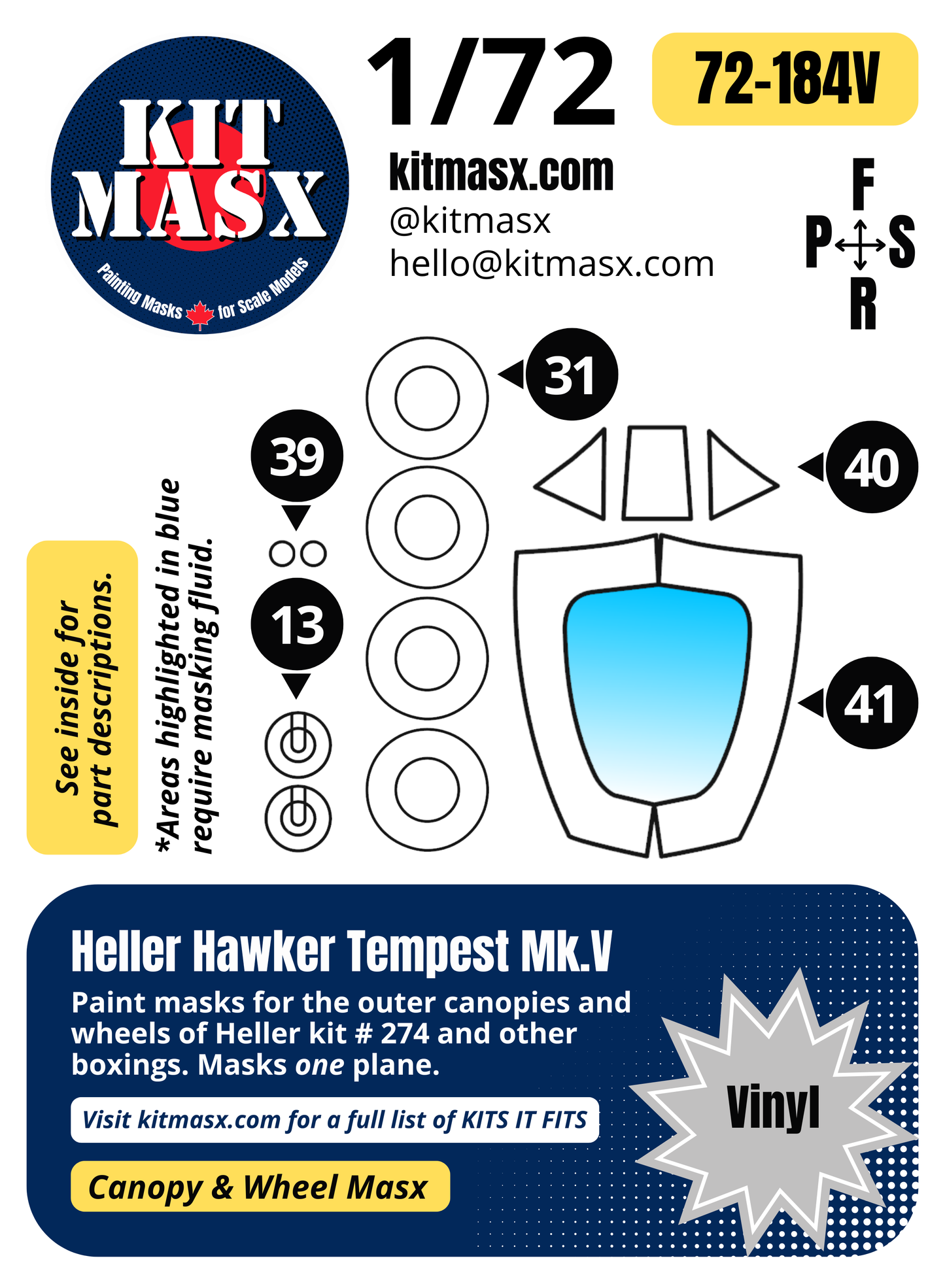 Heller Hawker Tempest Mk.V 1/72 Canopy & Wheel Paint Masks, Kit # 274 (72184)