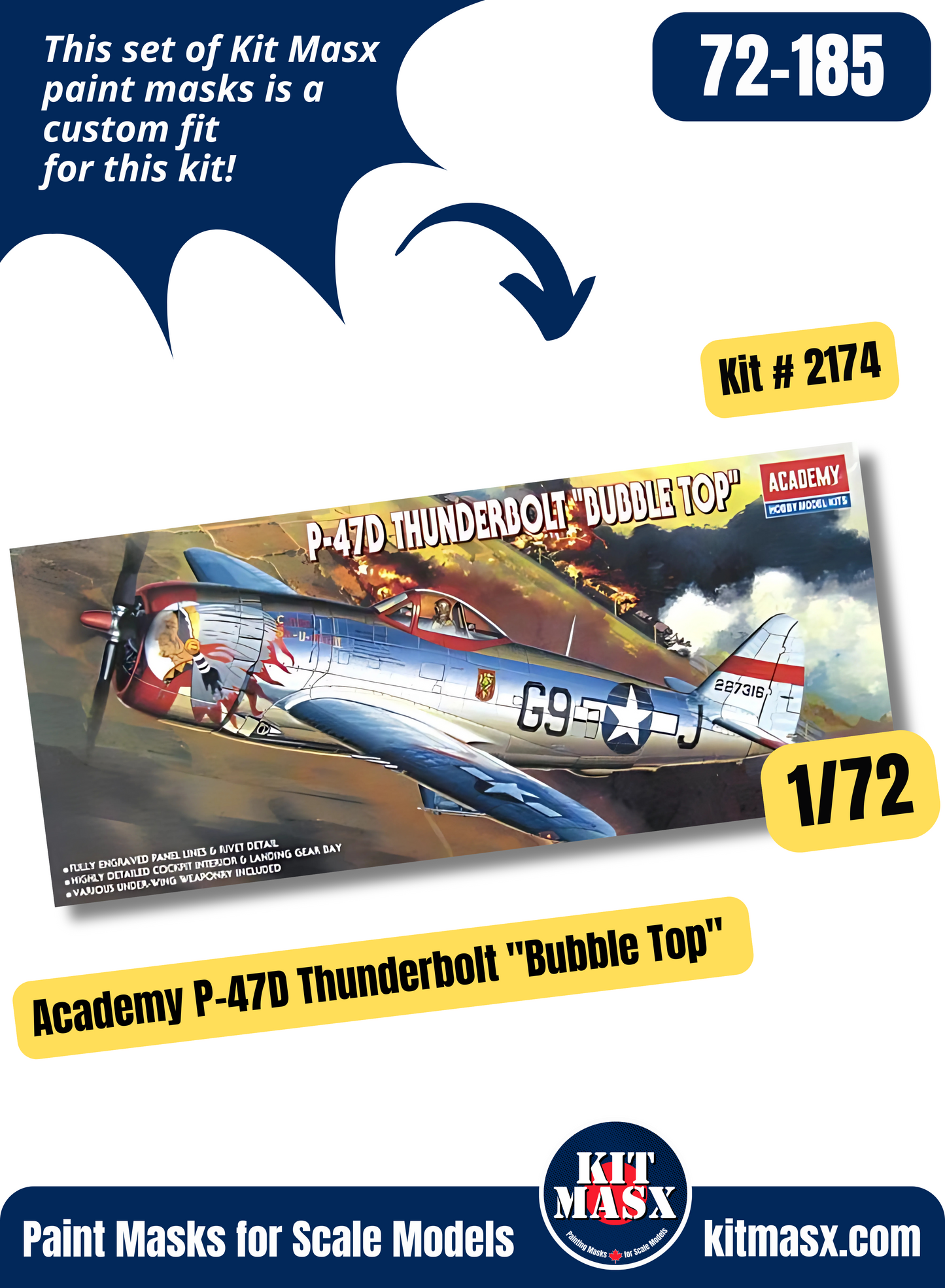 Academy Republic P-47D Thunderbolt "Bubble Top" 1/72 Canopy & Wheel Paint Masks, Kit # 2174