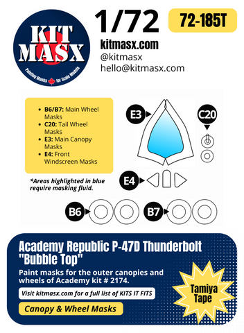 Academy Republic P-47D Thunderbolt "Bubble Top" 1/72 Canopy & Wheel Paint Masks, Kit # 2174