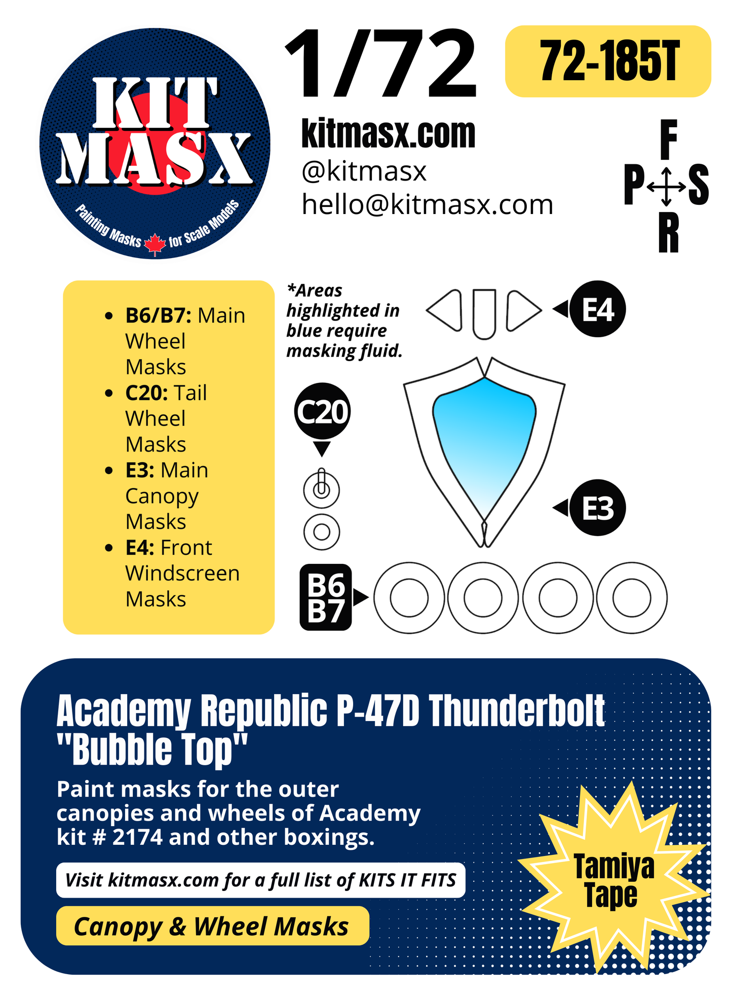 Academy Republic P-47D Thunderbolt "Bubble Top" 1/72 Canopy & Wheel Paint Masks, Kit # 2174