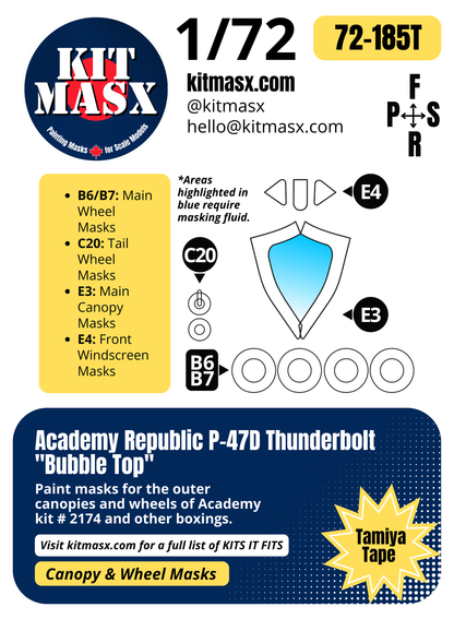 Academy Republic P-47D Thunderbolt "Bubble Top" 1/72 Canopy & Wheel Paint Masks, Kit # 2174