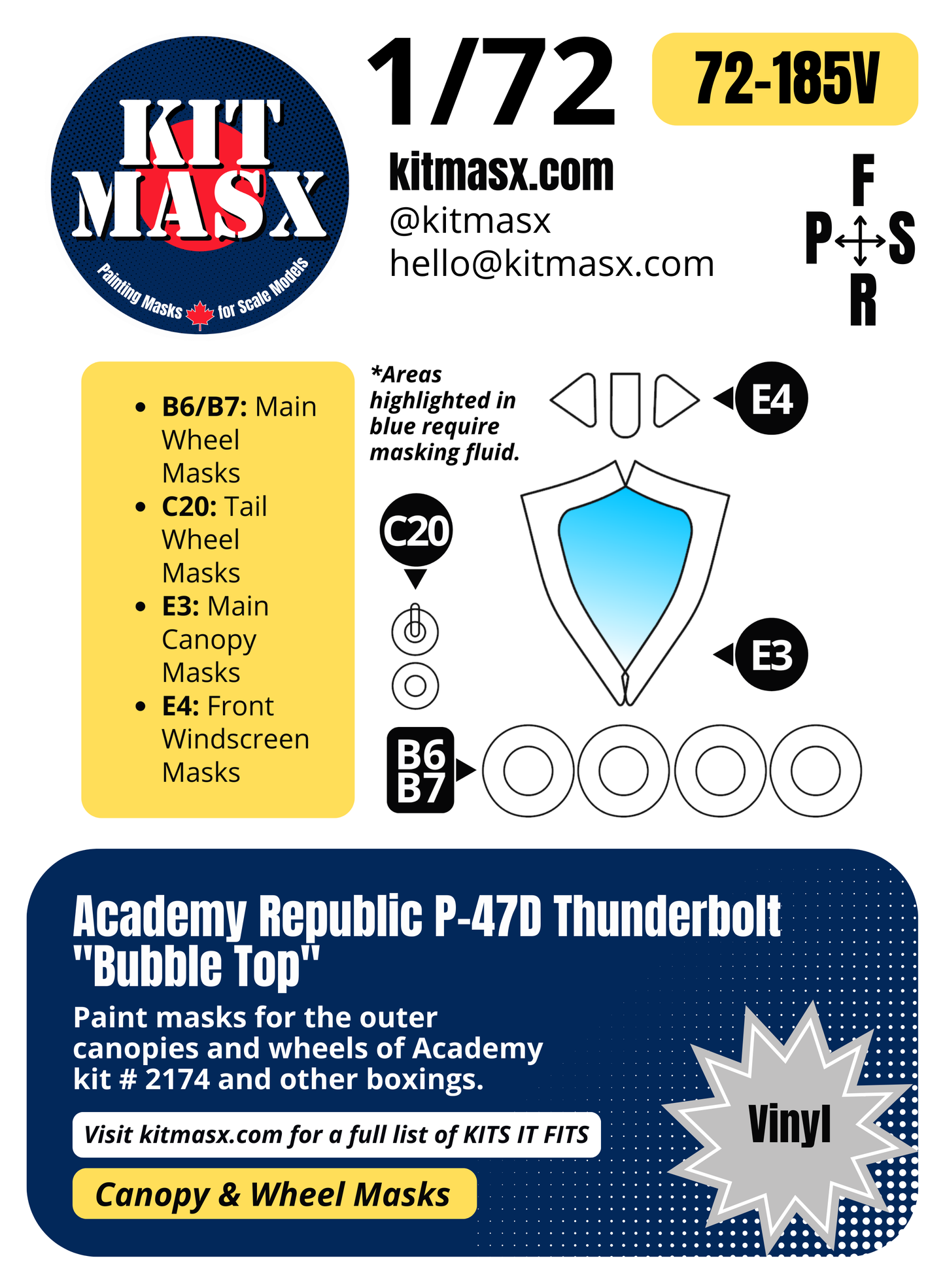 Academy Republic P-47D Thunderbolt "Bubble Top" 1/72 Canopy & Wheel Paint Masks, Kit # 2174