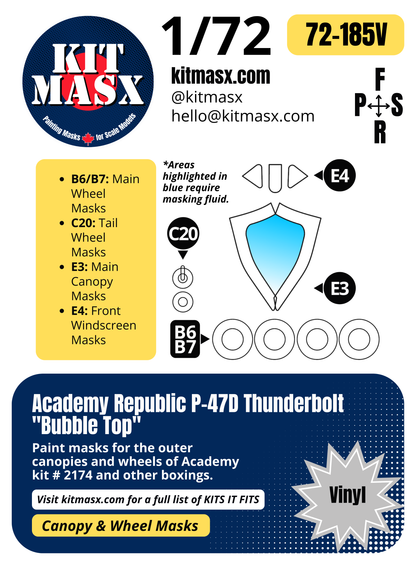 Academy Republic P-47D Thunderbolt "Bubble Top" 1/72 Canopy & Wheel Paint Masks, Kit # 2174