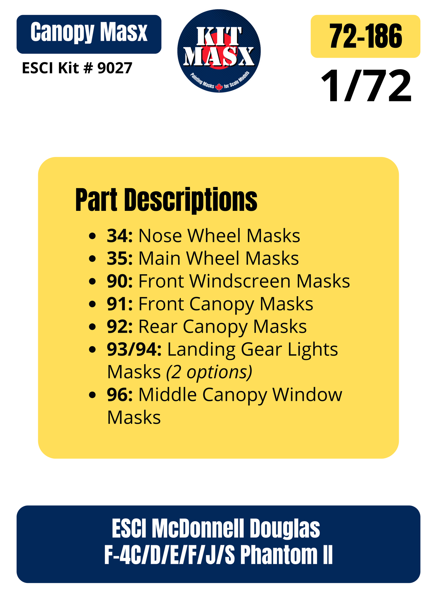 ESCI McDonnell Douglas F-4C/D/E/F/J/S Phantom II 1/72 Canopy & Wheel Paint Masks, Kit # 9027 (72186)