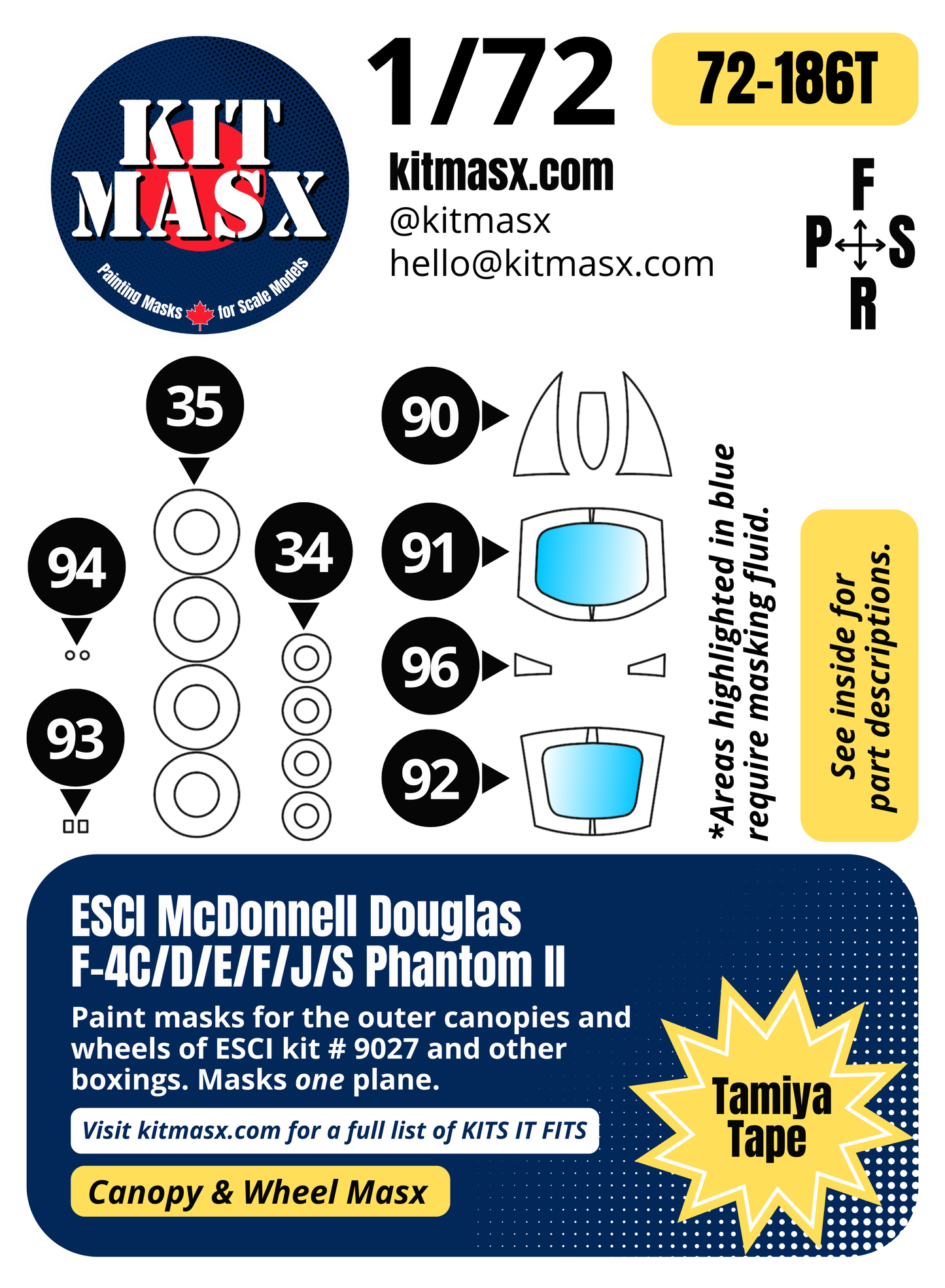 ESCI McDonnell Douglas F-4C/D/E/F/J/S Phantom II 1/72 Canopy & Wheel Paint Masks, Kit # 9027 (72186)