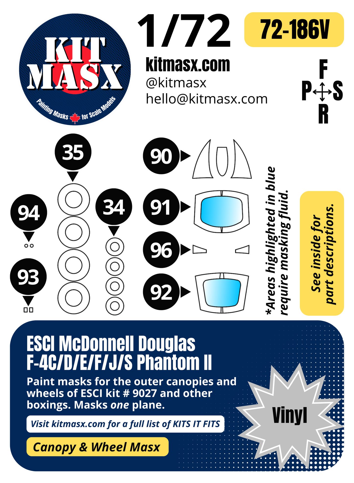 ESCI McDonnell Douglas F-4C/D/E/F/J/S Phantom II 1/72 Canopy & Wheel Paint Masks, Kit # 9027 (72186)