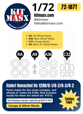 Italeri Henschel Hs 129B/B-1/B-2/B-3/R-2 1/72 Canopy & Resin Art Wheel (# 7313) Paint Masks, Kit # 055