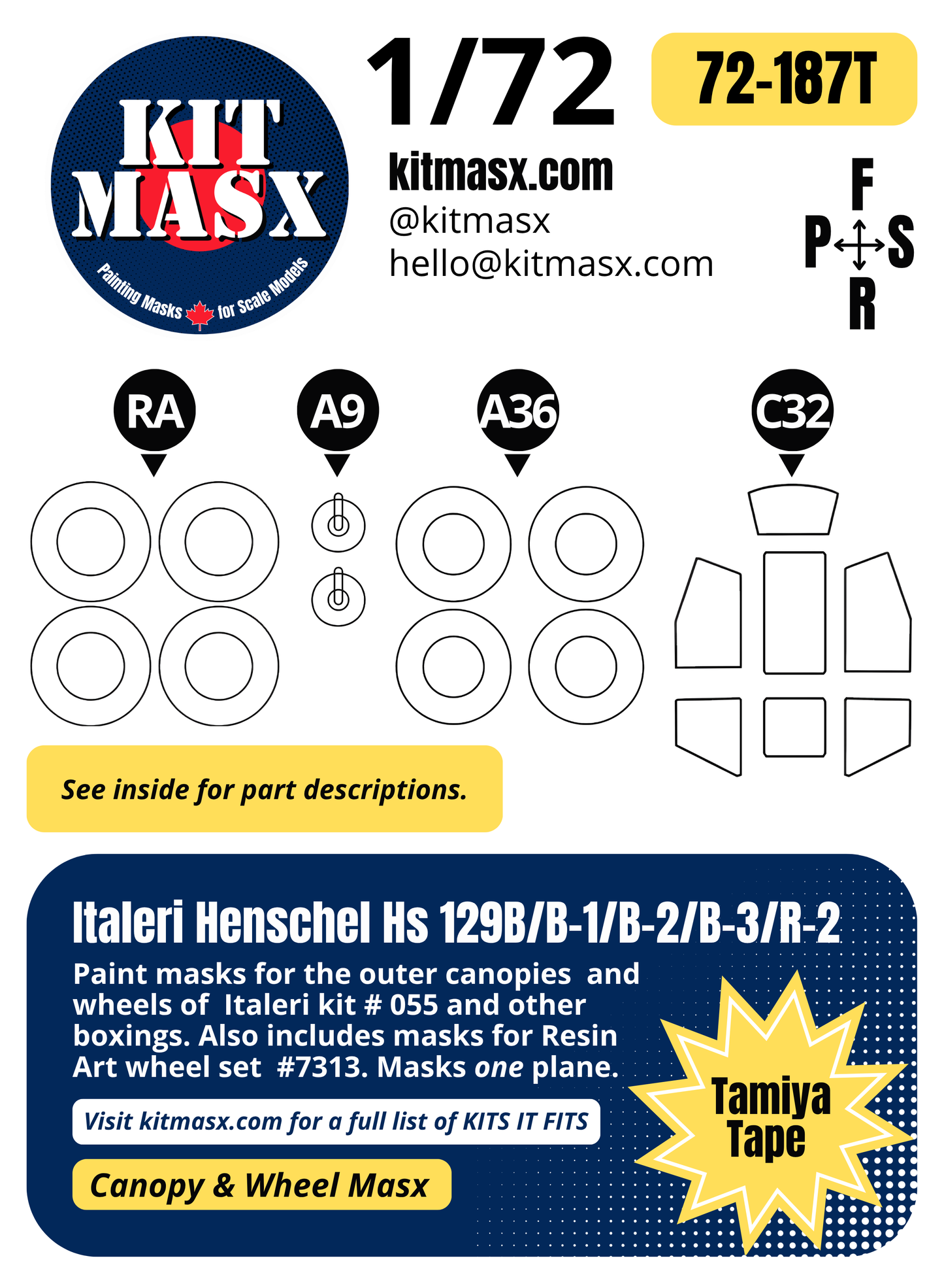 Italeri Henschel Hs 129B/B-1/B-2/B-3/R-2 1/72 Canopy & Resin Art Wheel (# 7313) Paint Masks, Kit # 055 (72187)