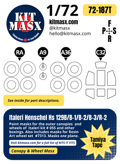 Italeri Henschel Hs 129B/B-1/B-2/B-3/R-2 1/72 Canopy & Resin Art Wheel (# 7313) Paint Masks, Kit # 055 (72187)