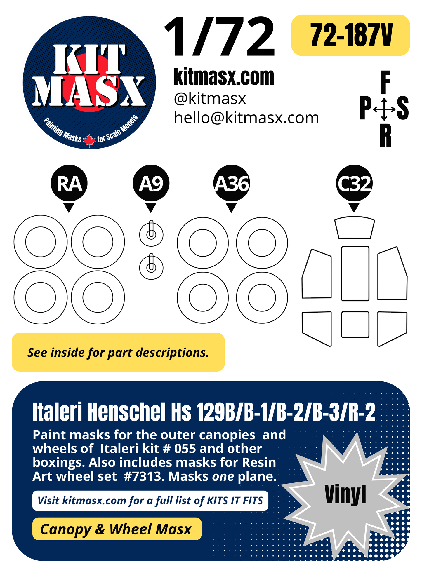 Italeri Henschel Hs 129B/B-1/B-2/B-3/R-2 1/72 Canopy & Resin Art Wheel (# 7313) Paint Masks, Kit # 055 (72187)