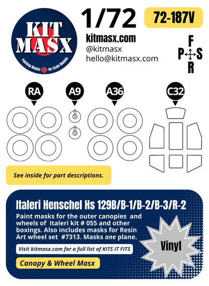 Italeri Henschel Hs 129B/B-1/B-2/B-3/R-2 1/72 Canopy & Resin Art Wheel (# 7313) Paint Masks, Kit # 055 (72187)