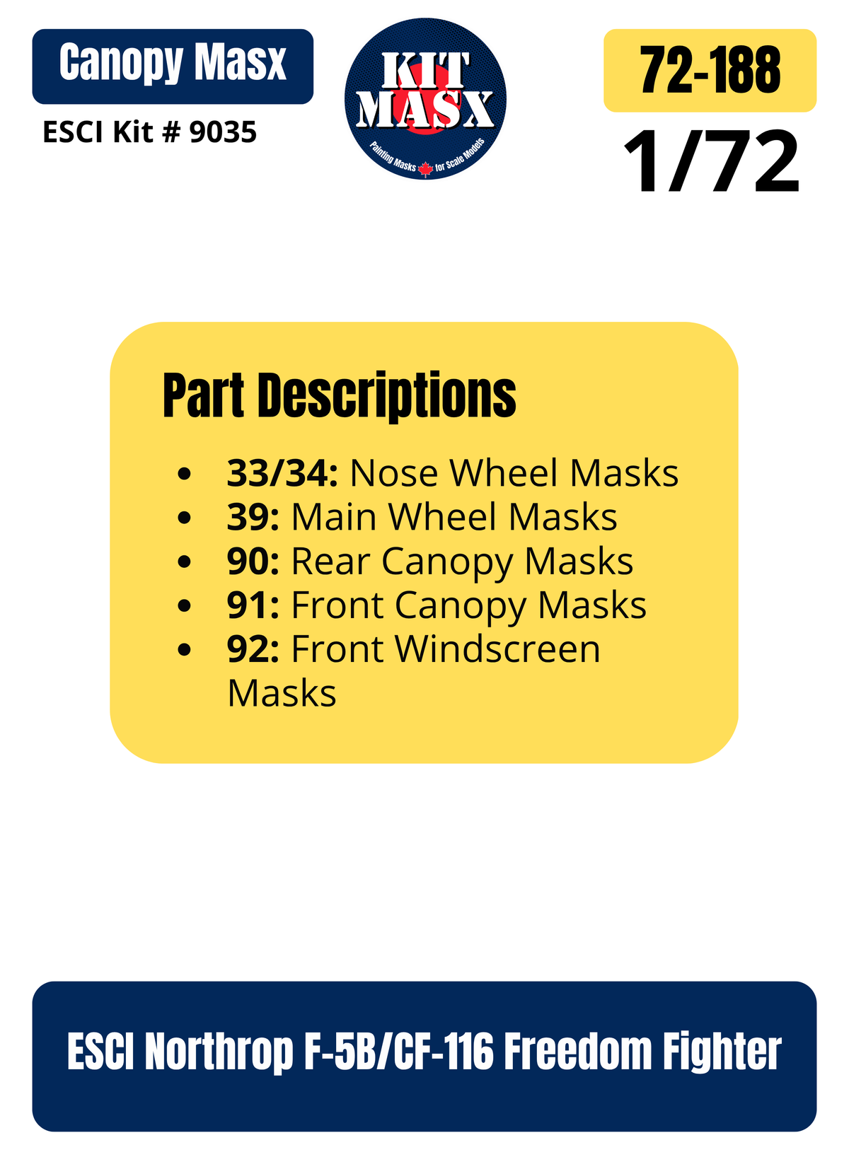 ESCI Northrop F-5B/CF-116 Freedom Fighter 1/72 Canopy & Wheel Paint Masks, Kit # 9035 (72188)
