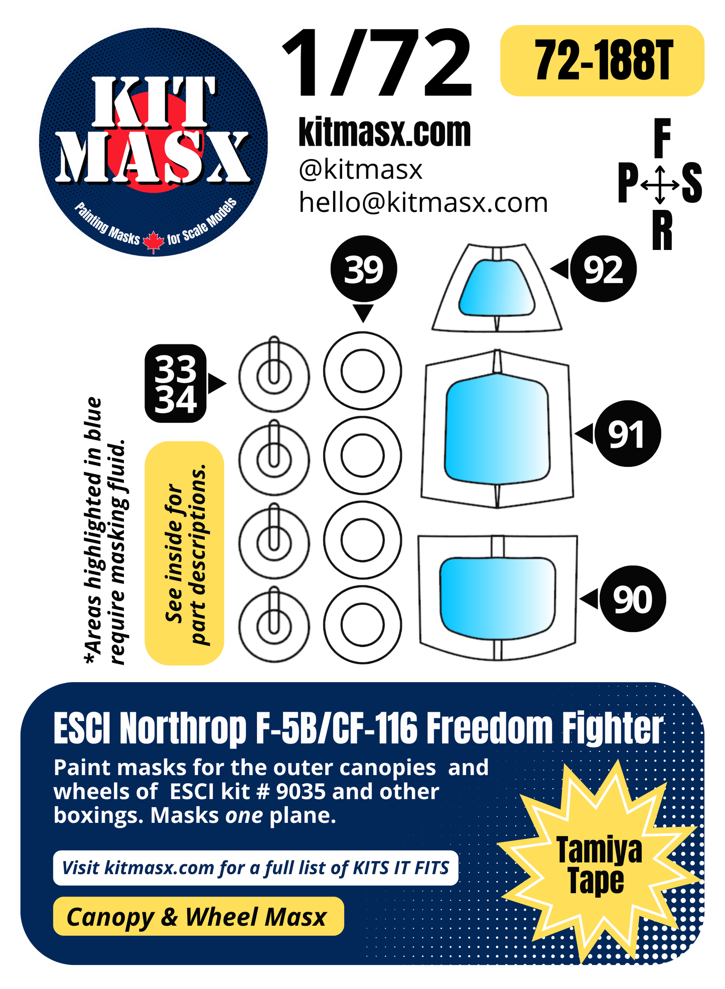 ESCI Northrop F-5B/CF-116 Freedom Fighter 1/72 Canopy & Wheel Paint Masks, Kit # 9035 (72188)